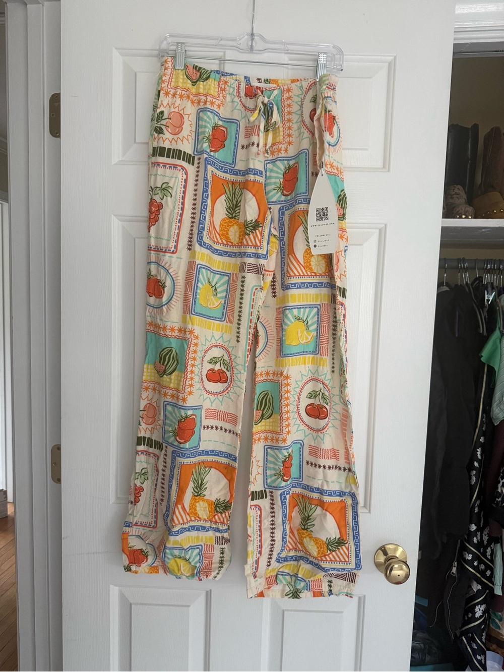 Women's Wide Leg Fruit-Print Pants - Cream & Orange